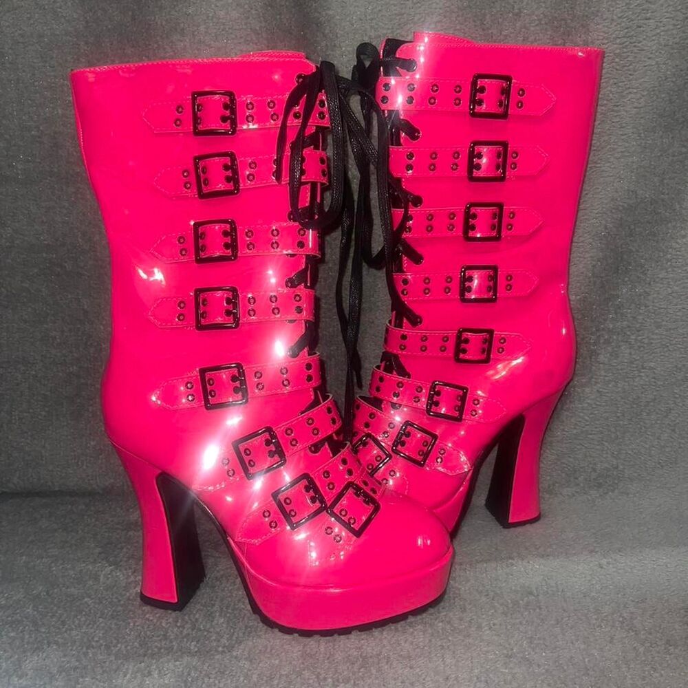 Ellie Women's Hot Pink PVC Boots Buckles Platform Size 8